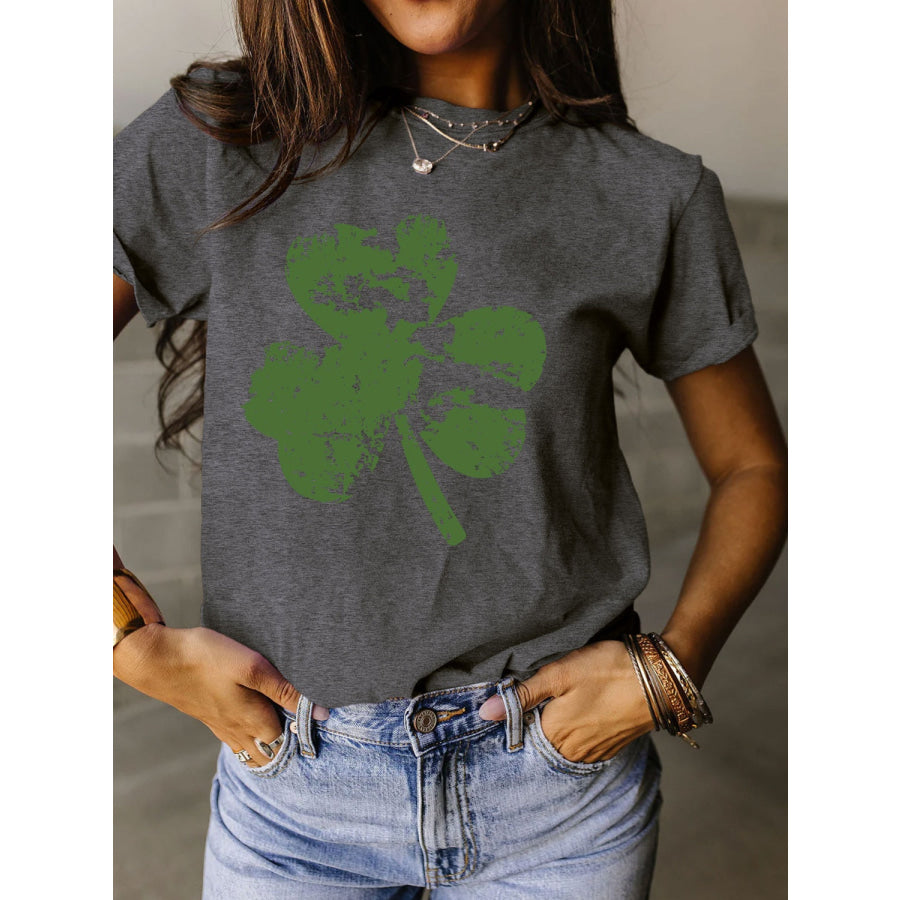 Full Size Lucky Clover Round Neck Short Sleeve T - Shirt Charcoal / S Apparel and Accessories