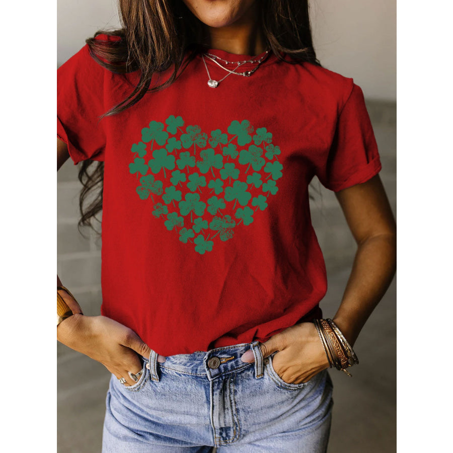 Full Size Lucky Clover Round Neck Short Sleeve T - Shirt Deep Red / S Apparel and Accessories