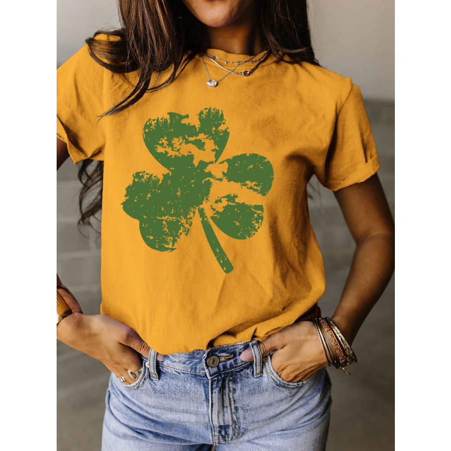 Full Size Lucky Clover Round Neck Short Sleeve T - Shirt Honey / S Apparel and Accessories