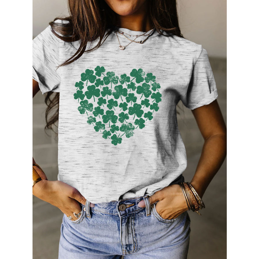 Full Size Lucky Clover Round Neck Short Sleeve T - Shirt Light Gray / S Apparel and Accessories