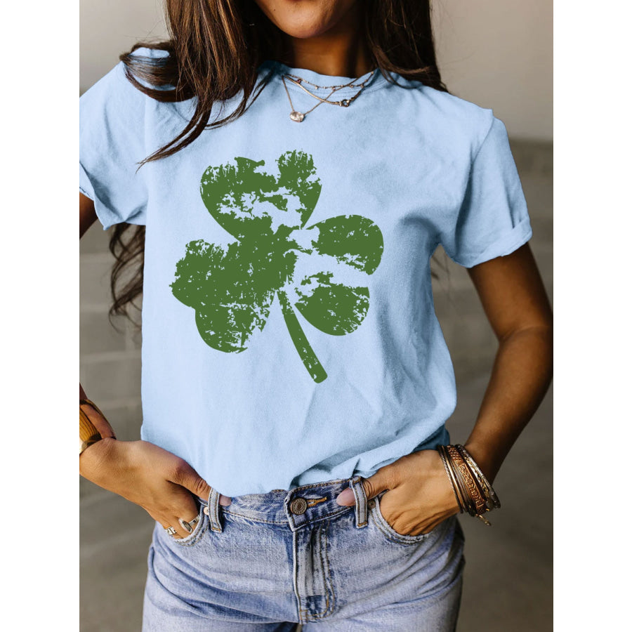 Full Size Lucky Clover Round Neck Short Sleeve T - Shirt Misty Blue / S Apparel and Accessories