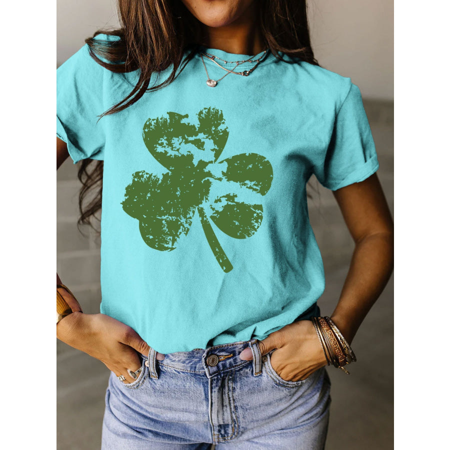 Full Size Lucky Clover Round Neck Short Sleeve T - Shirt Pastel Blue / S Apparel and Accessories