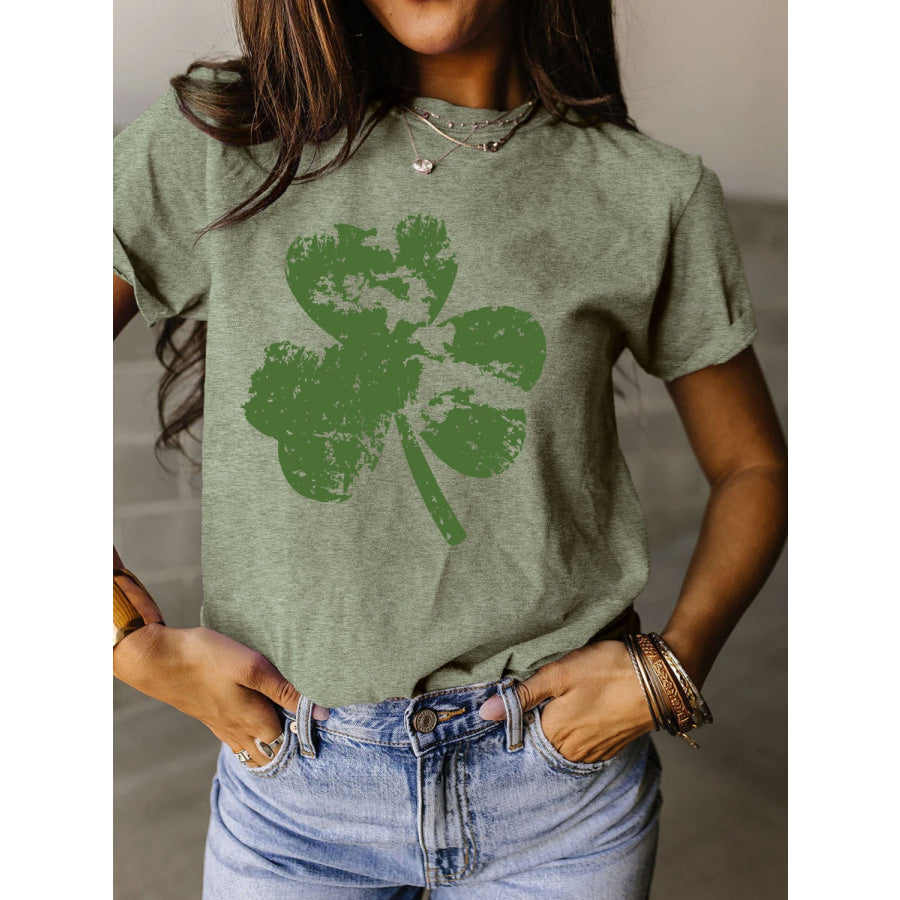 Full Size Lucky Clover Round Neck Short Sleeve T - Shirt Sage / S Apparel and Accessories