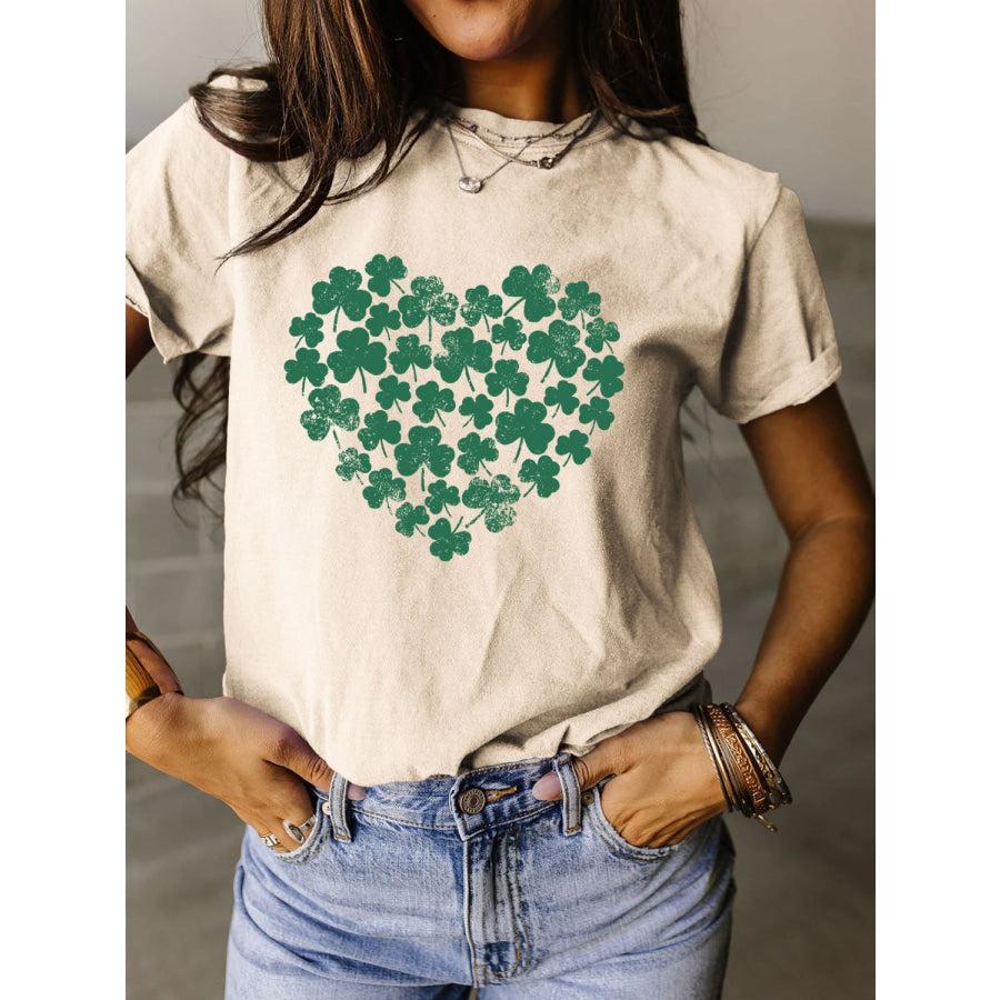 Full Size Lucky Clover Round Neck Short Sleeve T - Shirt Sand / S Apparel and Accessories