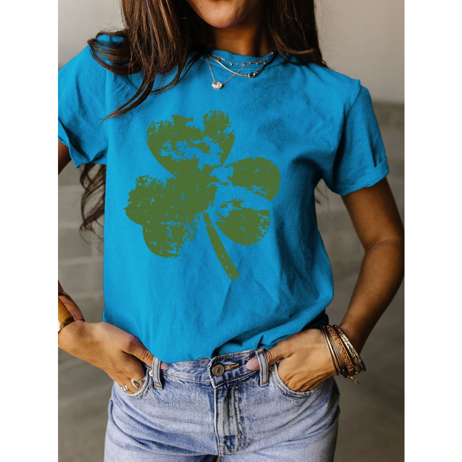 Full Size Lucky Clover Round Neck Short Sleeve T - Shirt Ultra marine / S Apparel and Accessories