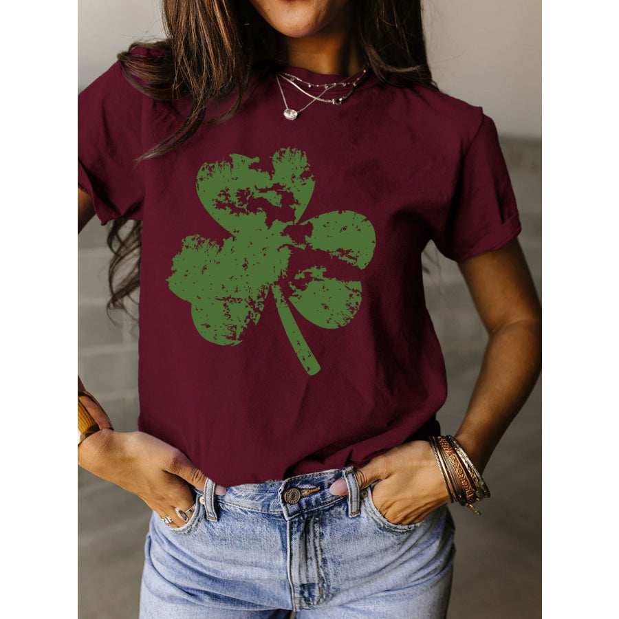 Full Size Lucky Clover Round Neck Short Sleeve T - Shirt Wine / S Apparel and Accessories