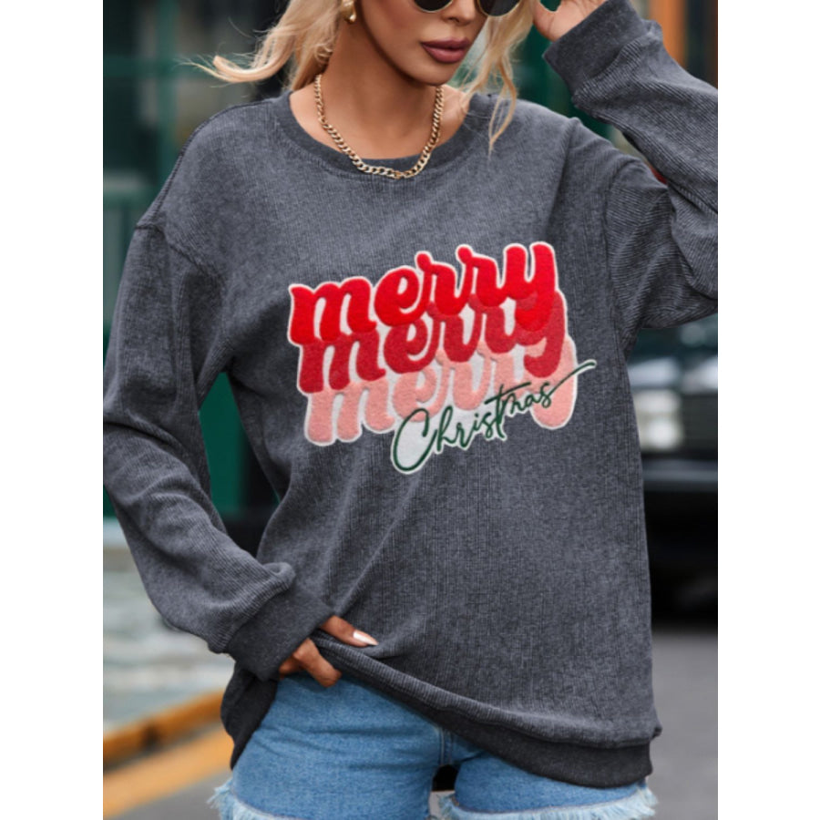 Full Size MERRY CHRISTMAS Round Neck Long Sleeve Sweatshirt Gray / S Apparel and Accessories