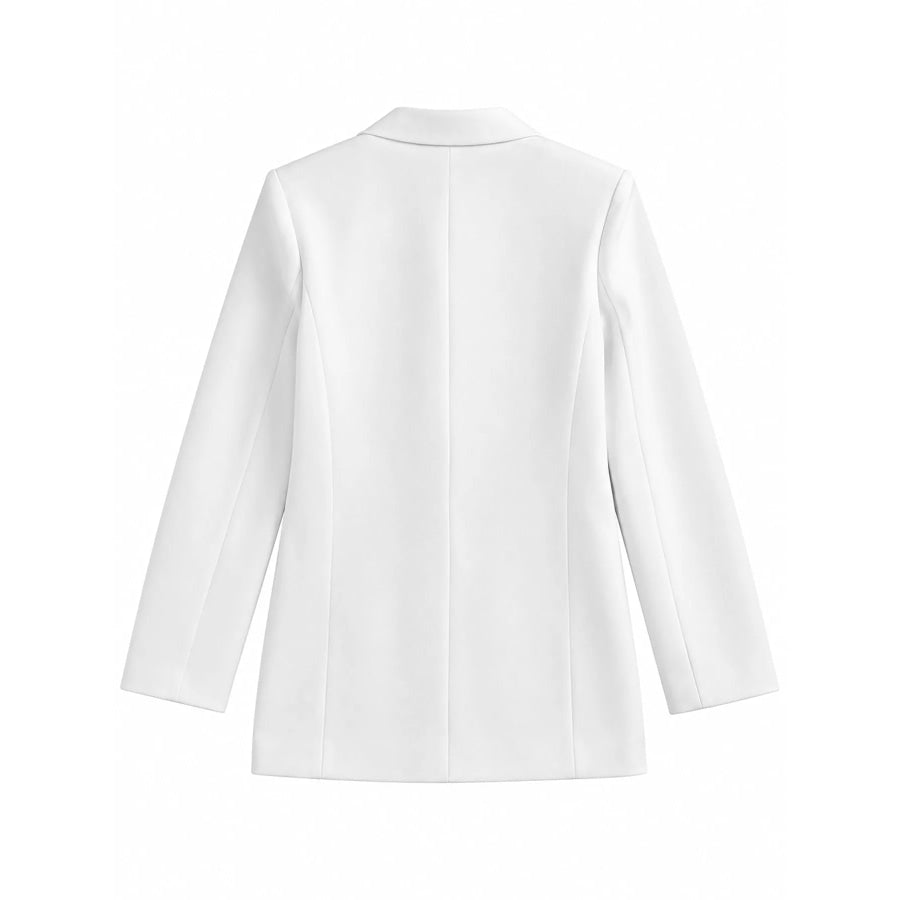 Full Size Minimalist Double-Breasted White Blazer Plus Apparel and Accessories