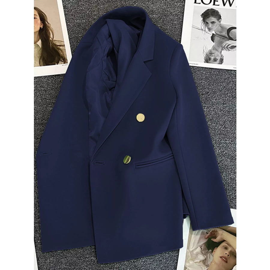 Full Size Minimalist Double-Breasted White Blazer Plus Apparel and Accessories