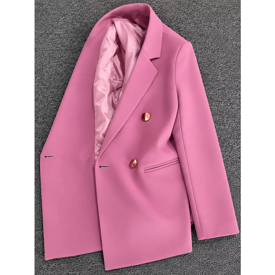 Full Size Minimalist Double-Breasted White Blazer Plus Apparel and Accessories