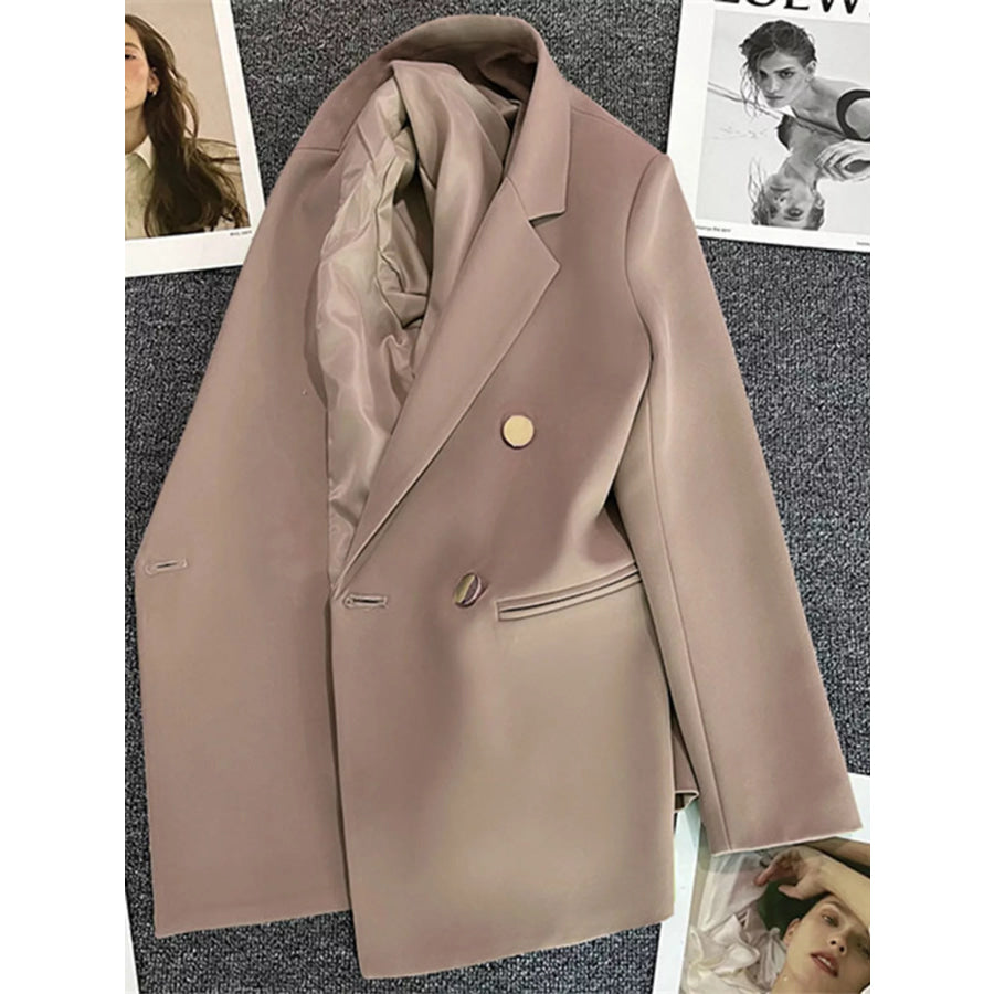 Full Size Minimalist Double-Breasted White Blazer Plus Apparel and Accessories
