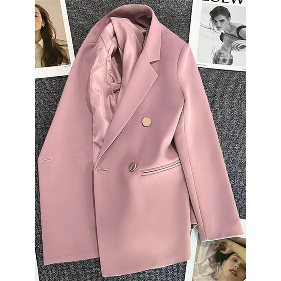 Full Size Minimalist Double-Breasted White Blazer Plus Apparel and Accessories