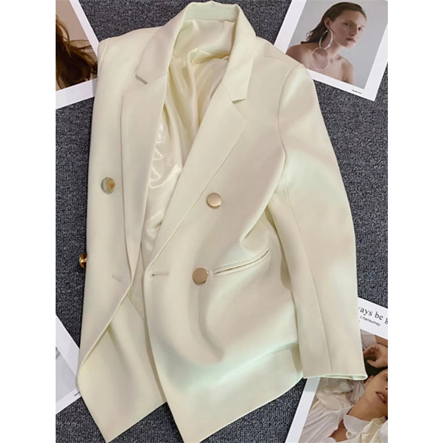Full Size Minimalist Double-Breasted White Blazer Plus Apparel and Accessories