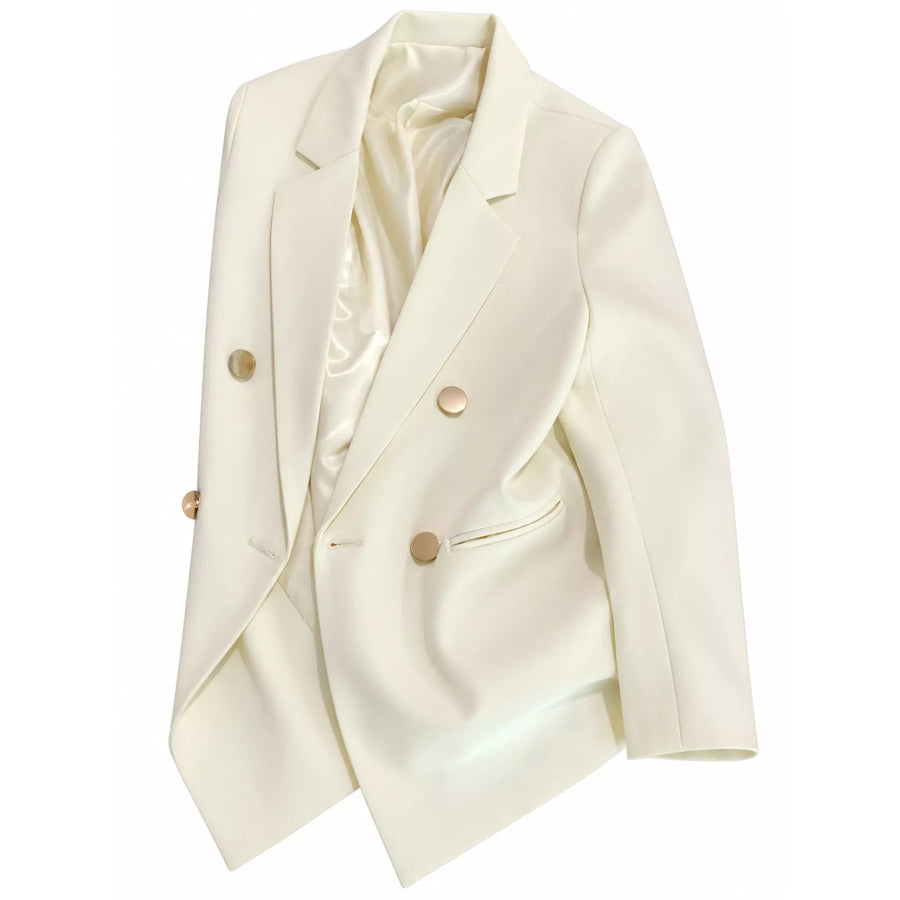 Full Size Minimalist Double-Breasted White Blazer Plus Apparel and Accessories