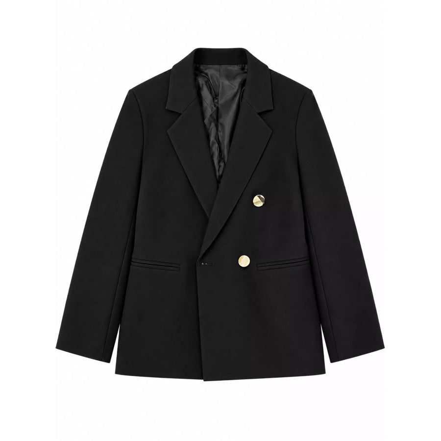 Full Size Minimalist Double-Breasted White Blazer Plus Black / S Apparel and Accessories