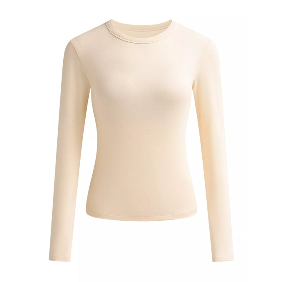 Full Size Minimalist Slim-Fit Long Sleeve Crew Neck T-Shirt Plus Apricot / S Apparel and Accessories