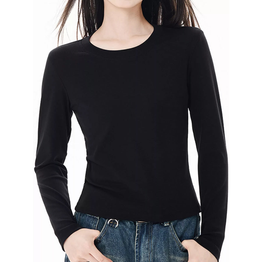 Full Size Minimalist Slim-Fit Long Sleeve Crew Neck T-Shirt Plus Black / S Apparel and Accessories