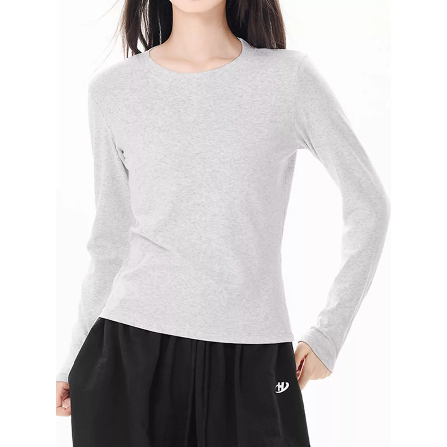 Full Size Minimalist Slim-Fit Long Sleeve Crew Neck T-Shirt Plus Light Heather Gray / S Apparel and Accessories