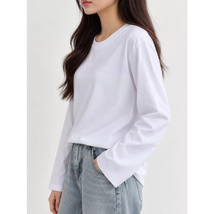 Full Size Minimalist Solid Long-Sleeve Crew Neck T-Shirt Plus Apparel and Accessories