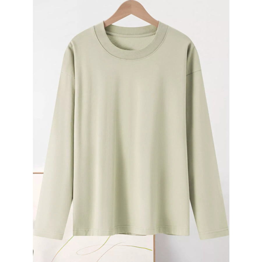 Full Size Minimalist Solid Long-Sleeve Crew Neck T-Shirt Plus Apparel and Accessories