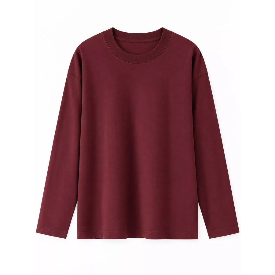 Full Size Minimalist Solid Long-Sleeve Crew Neck T-Shirt Plus Apparel and Accessories