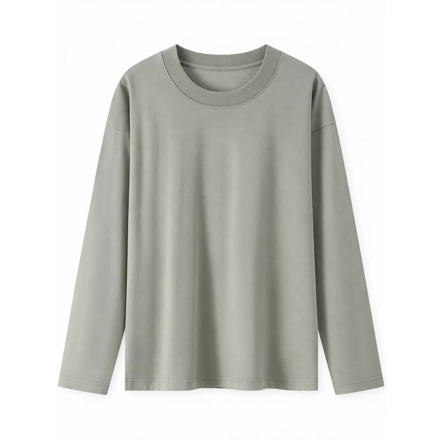 Full Size Minimalist Solid Long-Sleeve Crew Neck T-Shirt Plus Apparel and Accessories