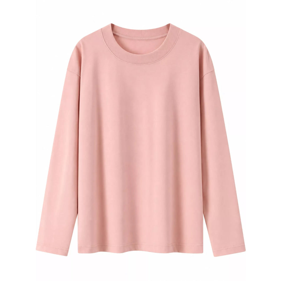 Full Size Minimalist Solid Long-Sleeve Crew Neck T-Shirt Plus Apparel and Accessories