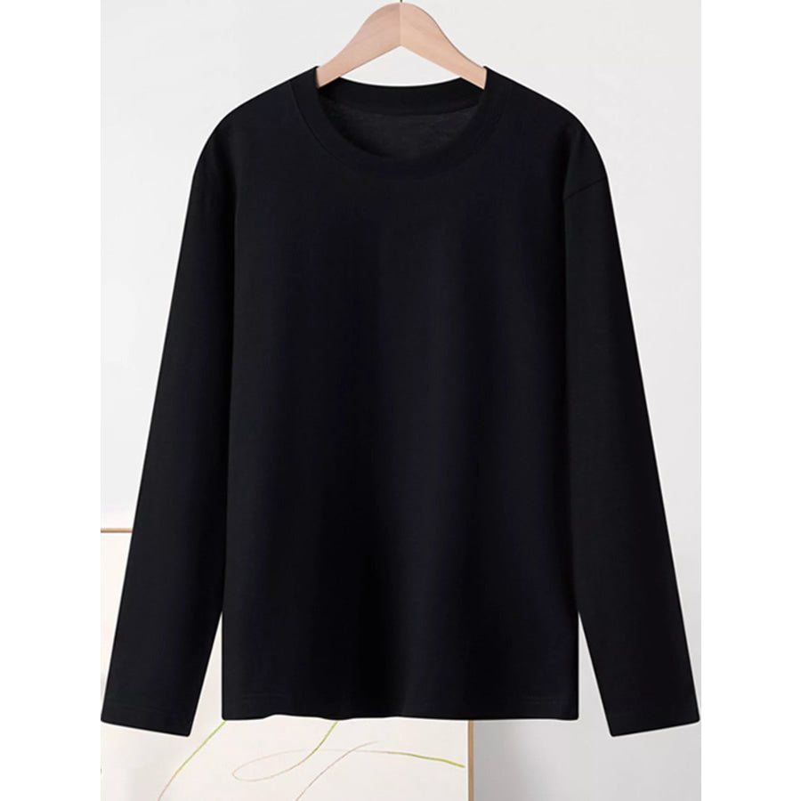 Full Size Minimalist Solid Long-Sleeve Crew Neck T-Shirt Plus Black-100% Cotton / S Apparel and Accessories