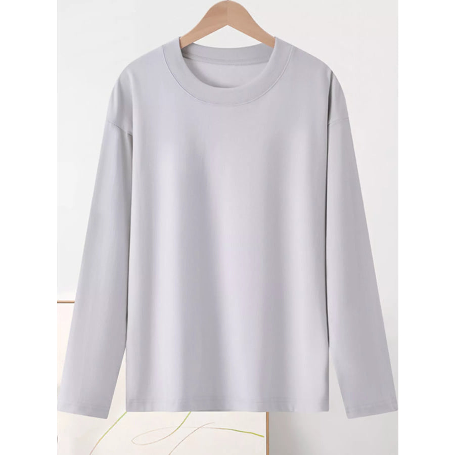 Full Size Minimalist Solid Long-Sleeve Crew Neck T-Shirt Plus Cloud Frost Gray-100% Cotton / 4XL Apparel and Accessories