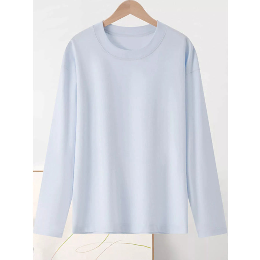 Full Size Minimalist Solid Long-Sleeve Crew Neck T-Shirt Plus Cream Blue-100% Cotton / S Apparel and Accessories