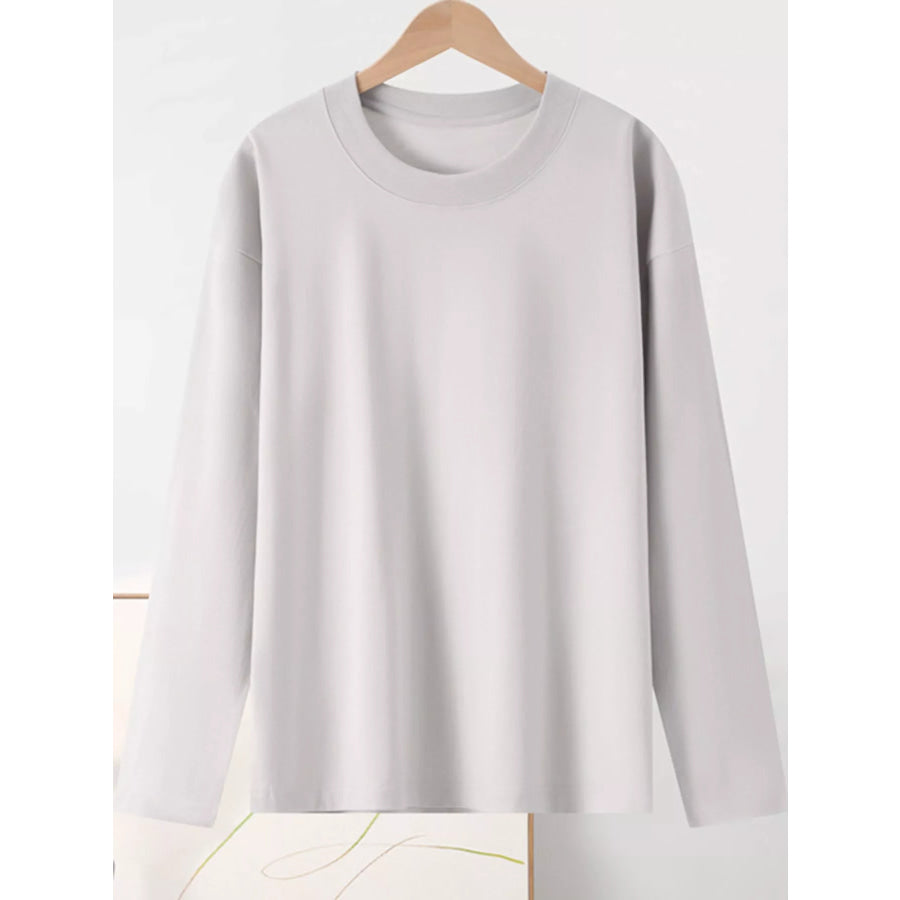 Full Size Minimalist Solid Long-Sleeve Crew Neck T-Shirt Plus Elegant Gray-100% Cotton / S Apparel and Accessories