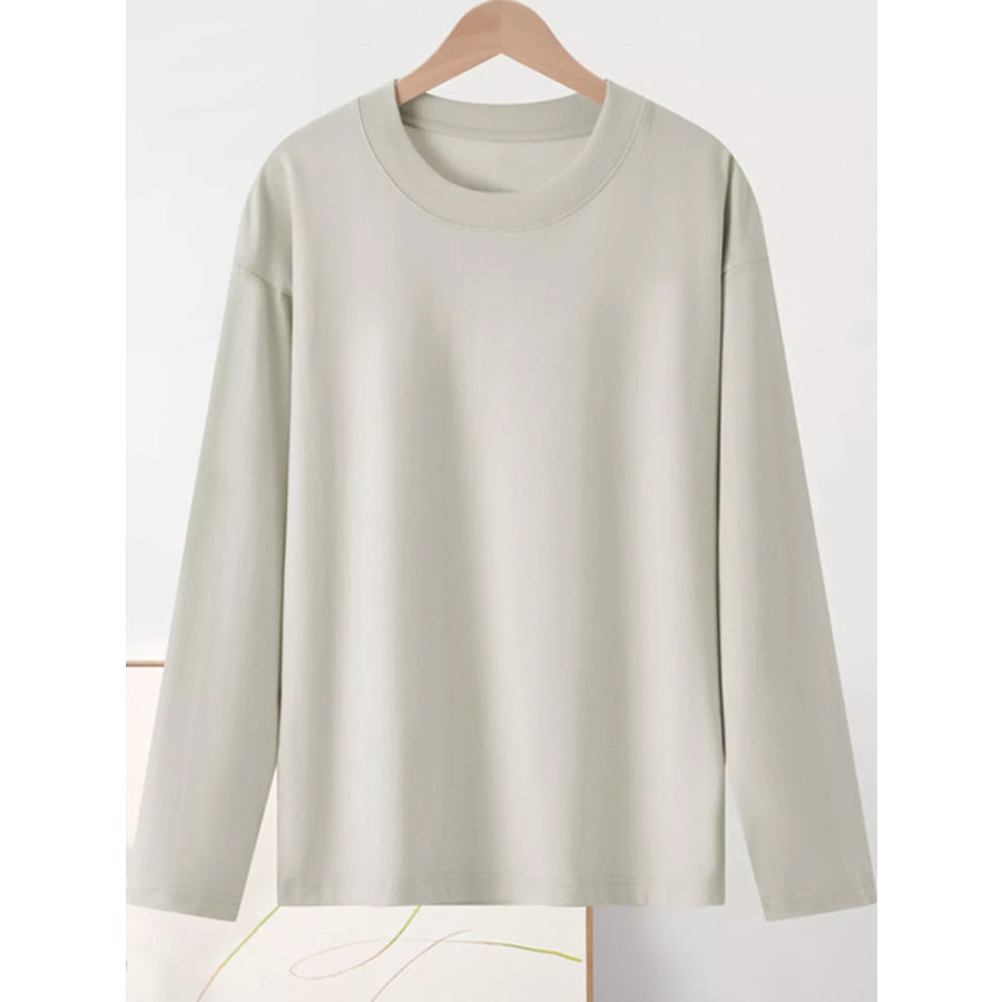 Full Size Minimalist Solid Long-Sleeve Crew Neck T-Shirt Plus Lilac Gray-100% Cotton / S Apparel and Accessories
