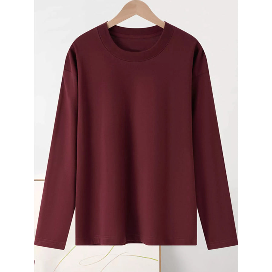 Full Size Minimalist Solid Long-Sleeve Crew Neck T-Shirt Plus Maple Red-100% Cotton / S Apparel and Accessories