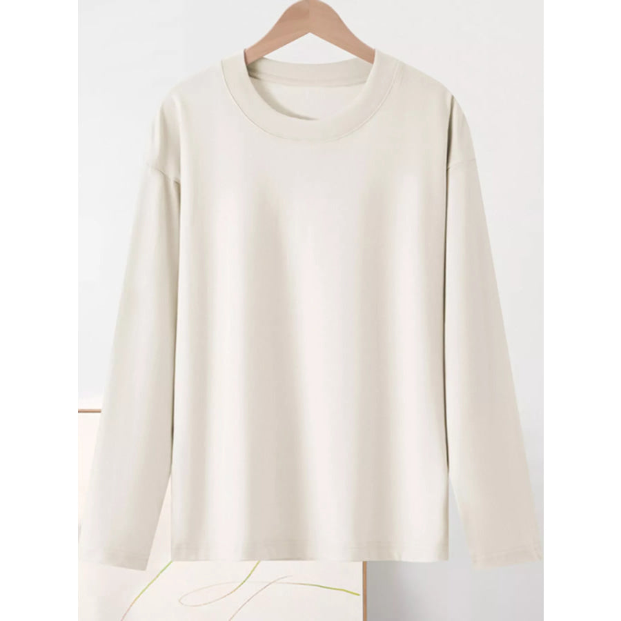 Full Size Minimalist Solid Long-Sleeve Crew Neck T-Shirt Plus Pearl White-100% Cotton / S Apparel and Accessories