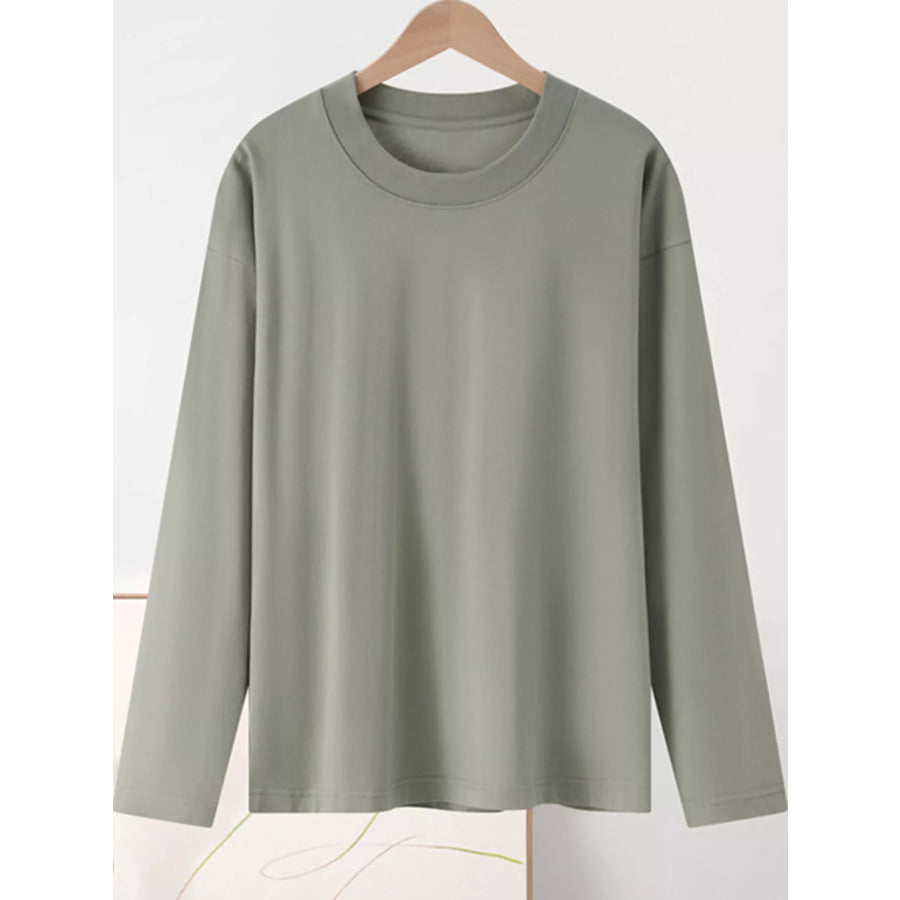 Full Size Minimalist Solid Long-Sleeve Crew Neck T-Shirt Plus Stone Gray-100% Cotton / S Apparel and Accessories