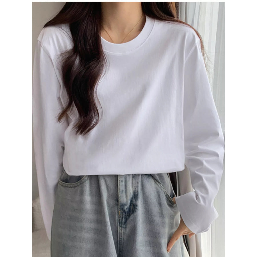 Full Size Minimalist Solid Long-Sleeve Crew Neck T-Shirt Plus White-100% Cotton / S Apparel and Accessories