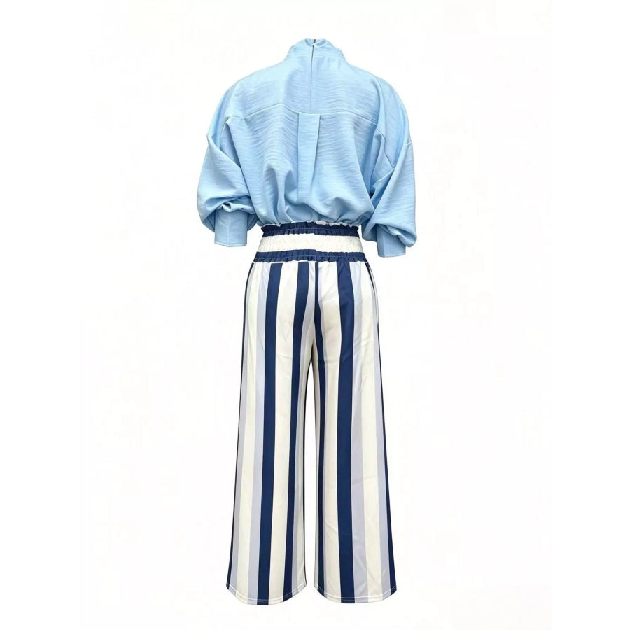 Full Size Mock-Neck Blouse and Striped Wide-Leg Trouser Set Plus Apparel Accessories