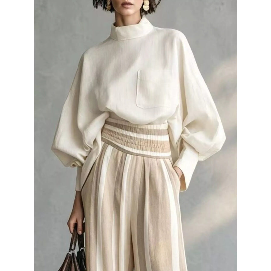 Full Size Mock-Neck Blouse and Striped Wide-Leg Trouser Set Plus Apparel Accessories