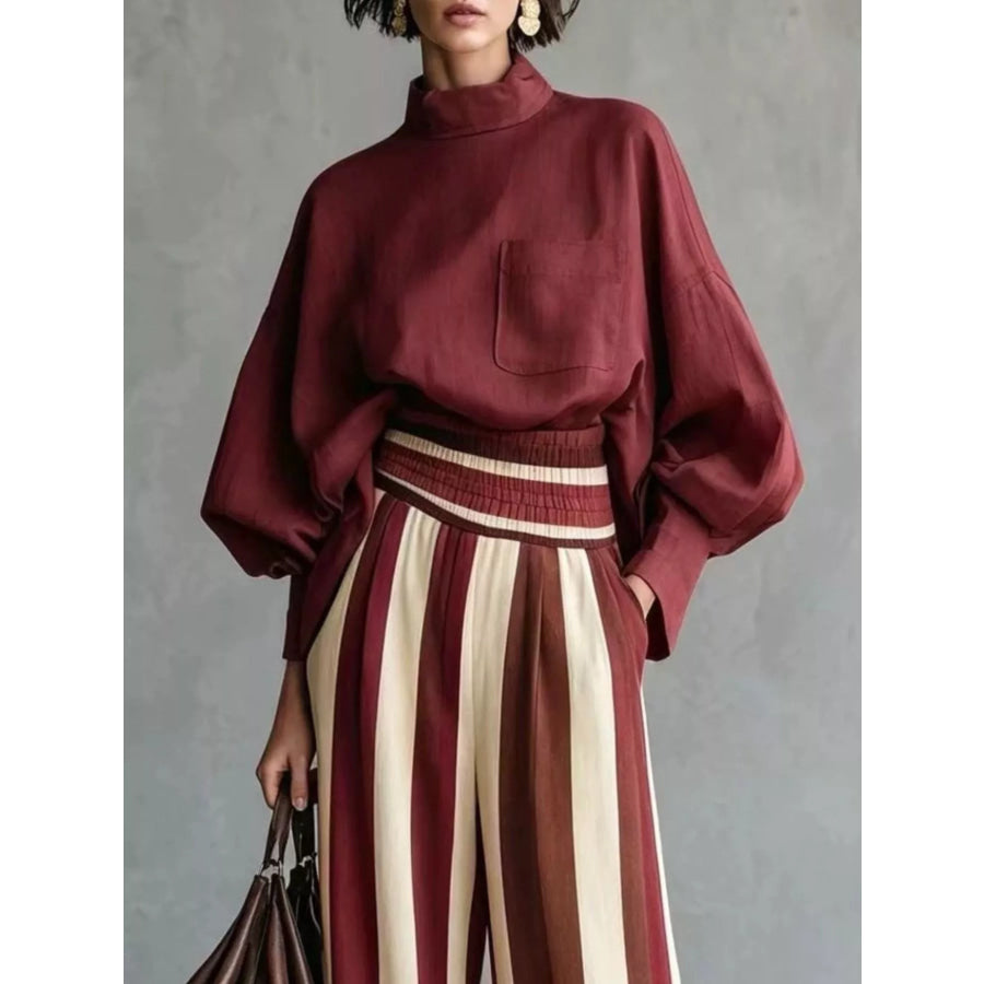Full Size Mock-Neck Blouse and Striped Wide-Leg Trouser Set Plus Apparel Accessories