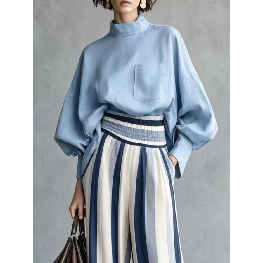 Full Size Mock-Neck Blouse and Striped Wide-Leg Trouser Set Plus Apparel Accessories