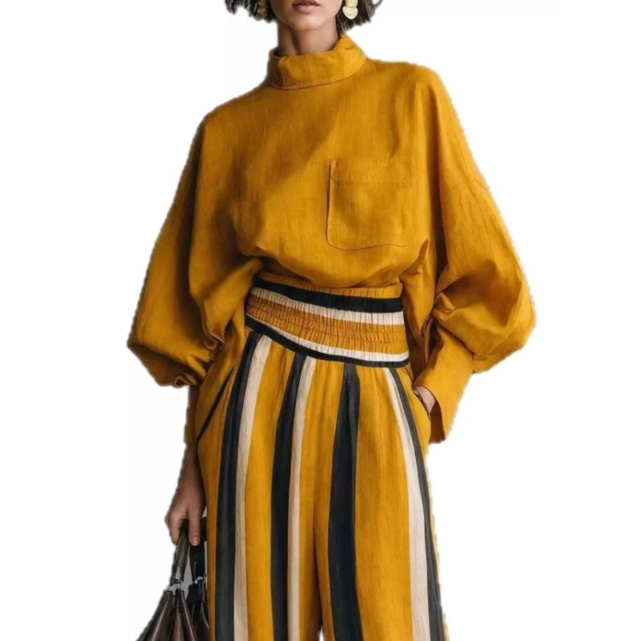 Full Size Mock-Neck Blouse and Striped Wide-Leg Trouser Set Plus Apparel Accessories