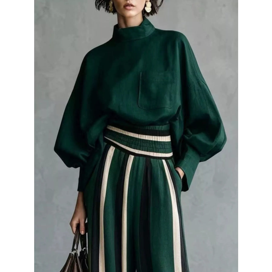 Full Size Mock-Neck Blouse and Striped Wide-Leg Trouser Set Plus Apparel Accessories