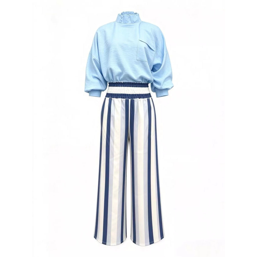 Full Size Mock-Neck Blouse and Striped Wide-Leg Trouser Set Plus Apparel Accessories