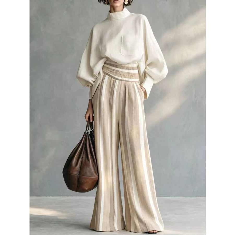 Full Size Mock-Neck Blouse and Striped Wide-Leg Trouser Set Plus Apricot / S Apparel Accessories