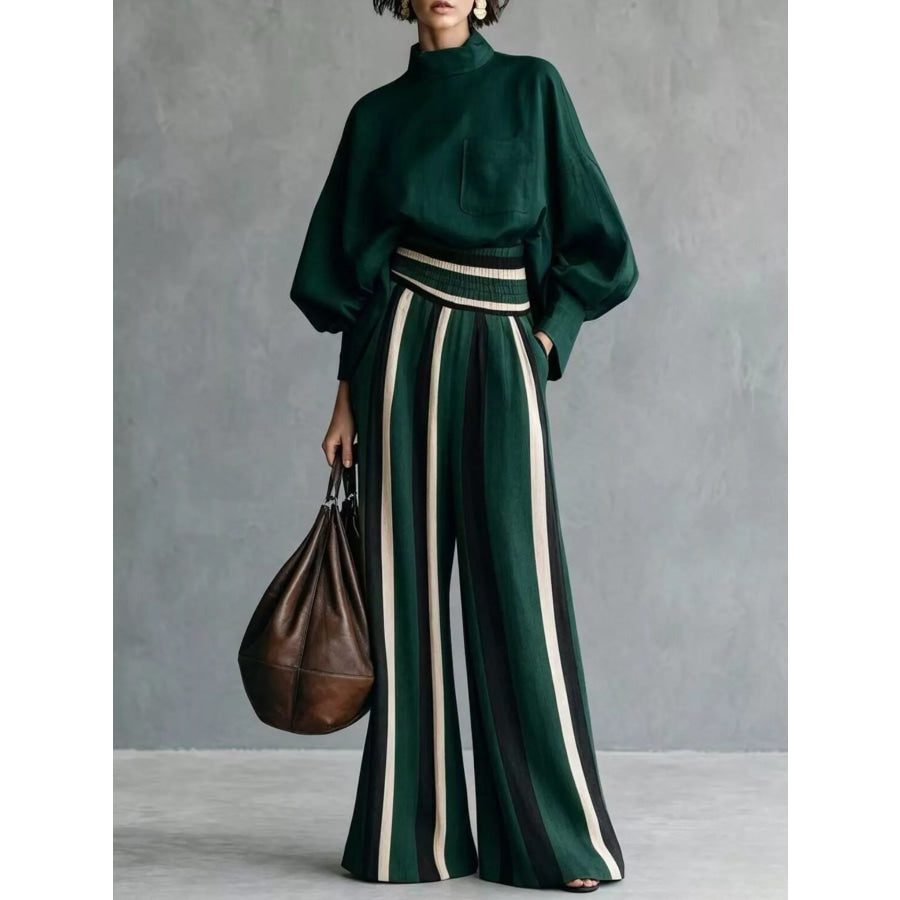 Full Size Mock-Neck Blouse and Striped Wide-Leg Trouser Set Plus Dark Green / S Apparel Accessories