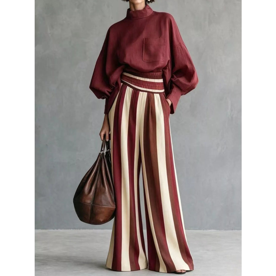 Full Size Mock-Neck Blouse and Striped Wide-Leg Trouser Set Plus Red / S Apparel Accessories