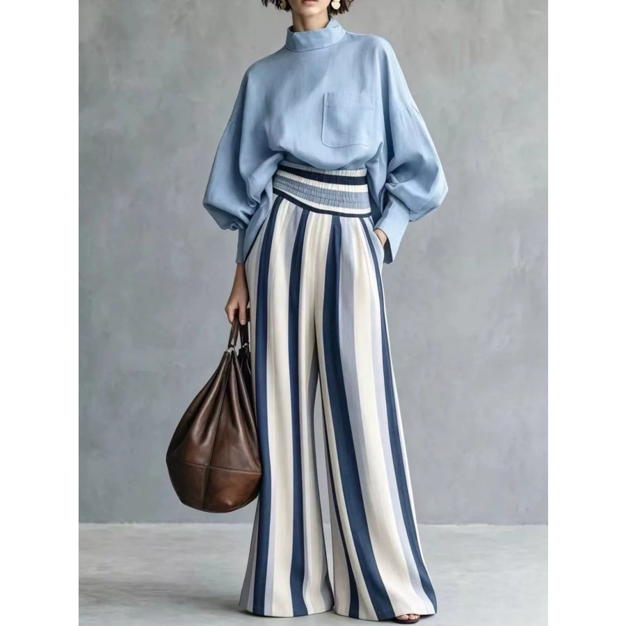 Full Size Mock-Neck Blouse and Striped Wide-Leg Trouser Set Plus Sky Blue / S Apparel Accessories