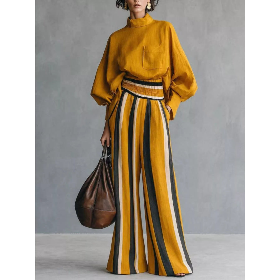 Full Size Mock-Neck Blouse and Striped Wide-Leg Trouser Set Plus Yellow / S Apparel Accessories