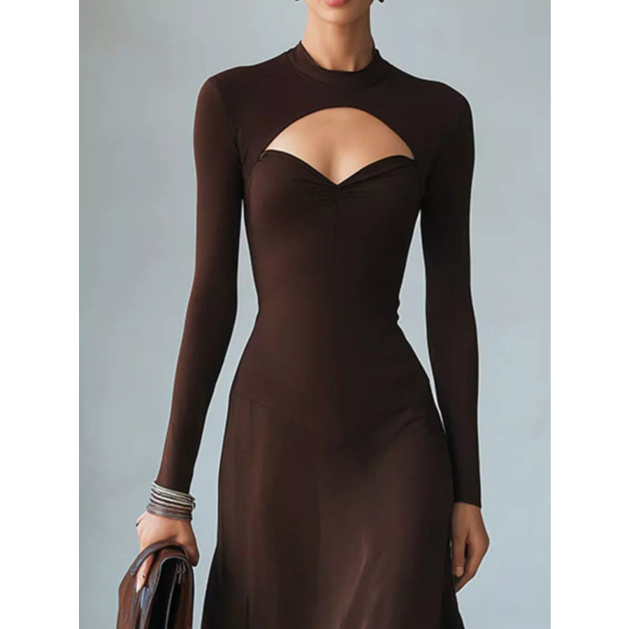 Full Size Mock Neck Cut-Out Long Sleeve Midi Dress Plus Apparel and Accessories