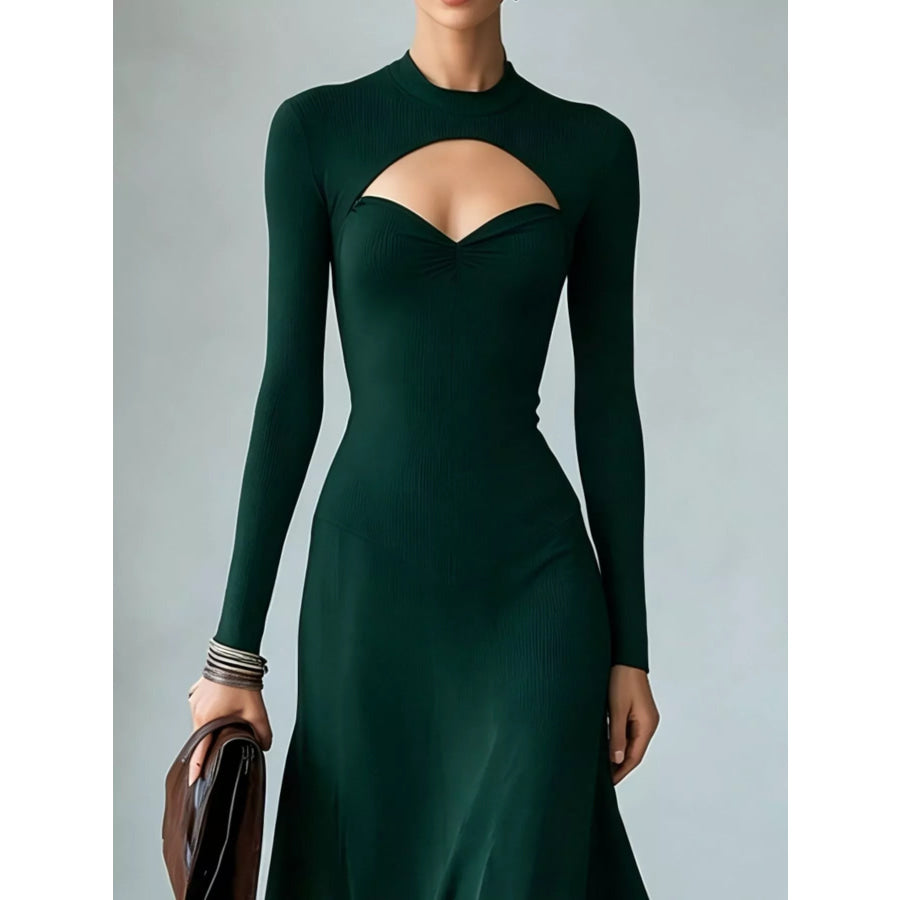 Full Size Mock Neck Cut-Out Long Sleeve Midi Dress Plus Apparel and Accessories